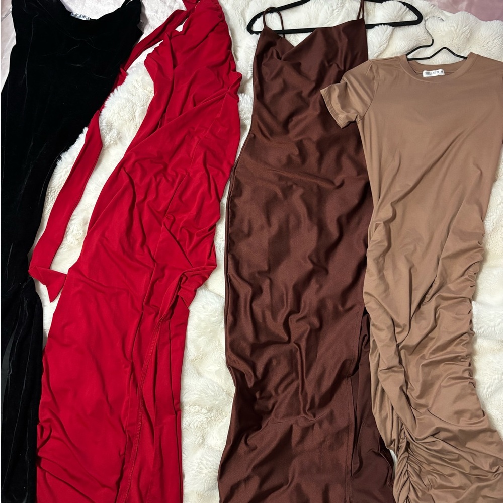 Elegant Dress Collection in Black, Red, Brown, and Tan + beige jumper